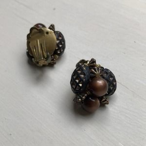 Vintage Clip On Earrings Brown with Bronze Gold Tones Chunky Earth Tone Beads